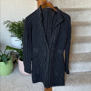 Inis Crafts 100% Irish Merino Wool Women's Black Long Line Cable Knit Cardigan